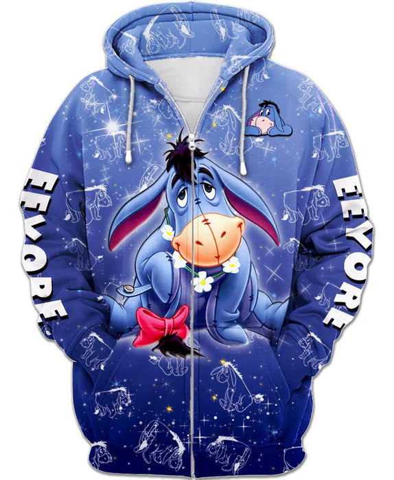 Eeyore Cartoony Printed Zip Up Hoodie